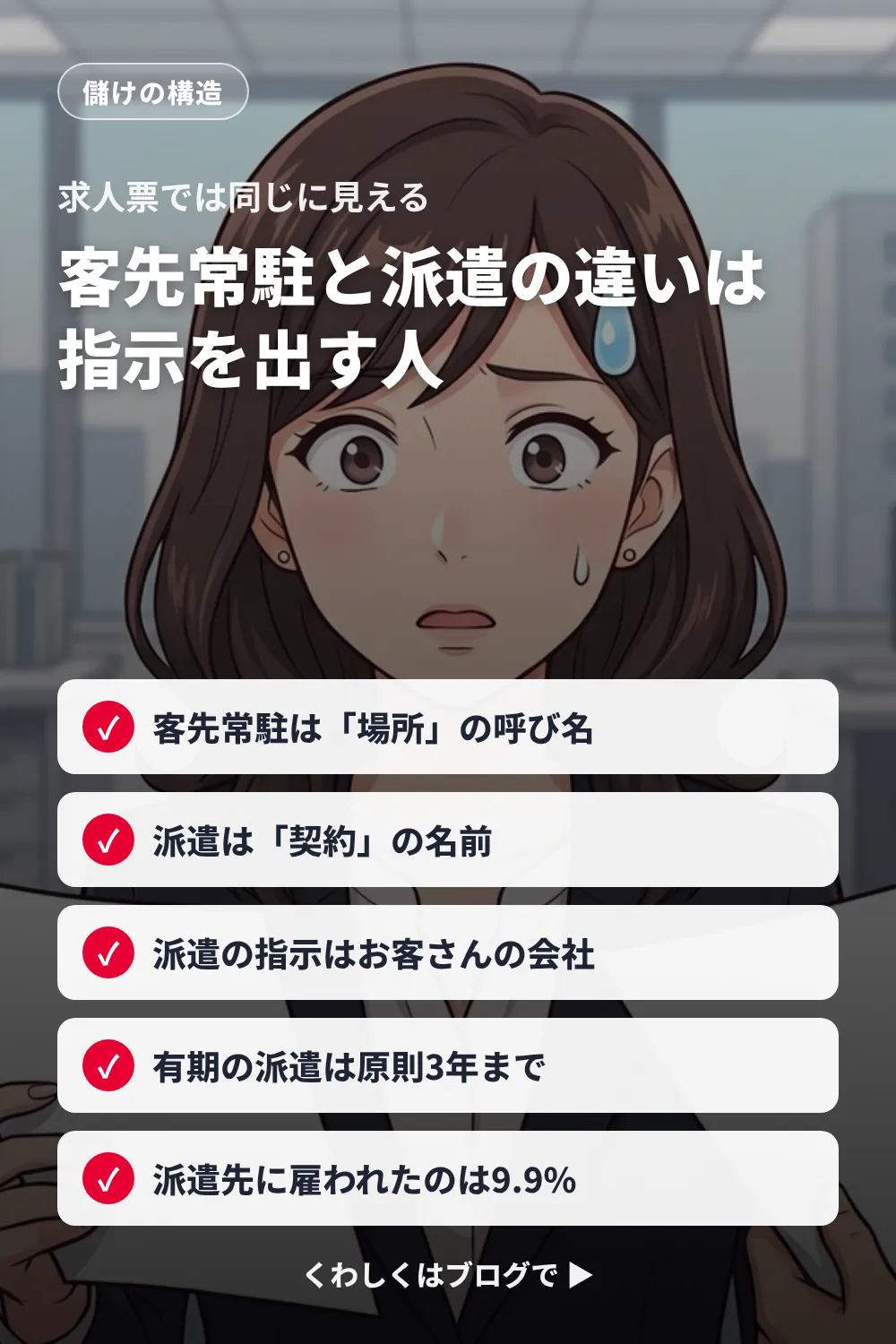 客先常駐は場所、派遣は契約。違いは指示を出す人と3年の区切りで、3年後に派遣先へ移った人は9.9%