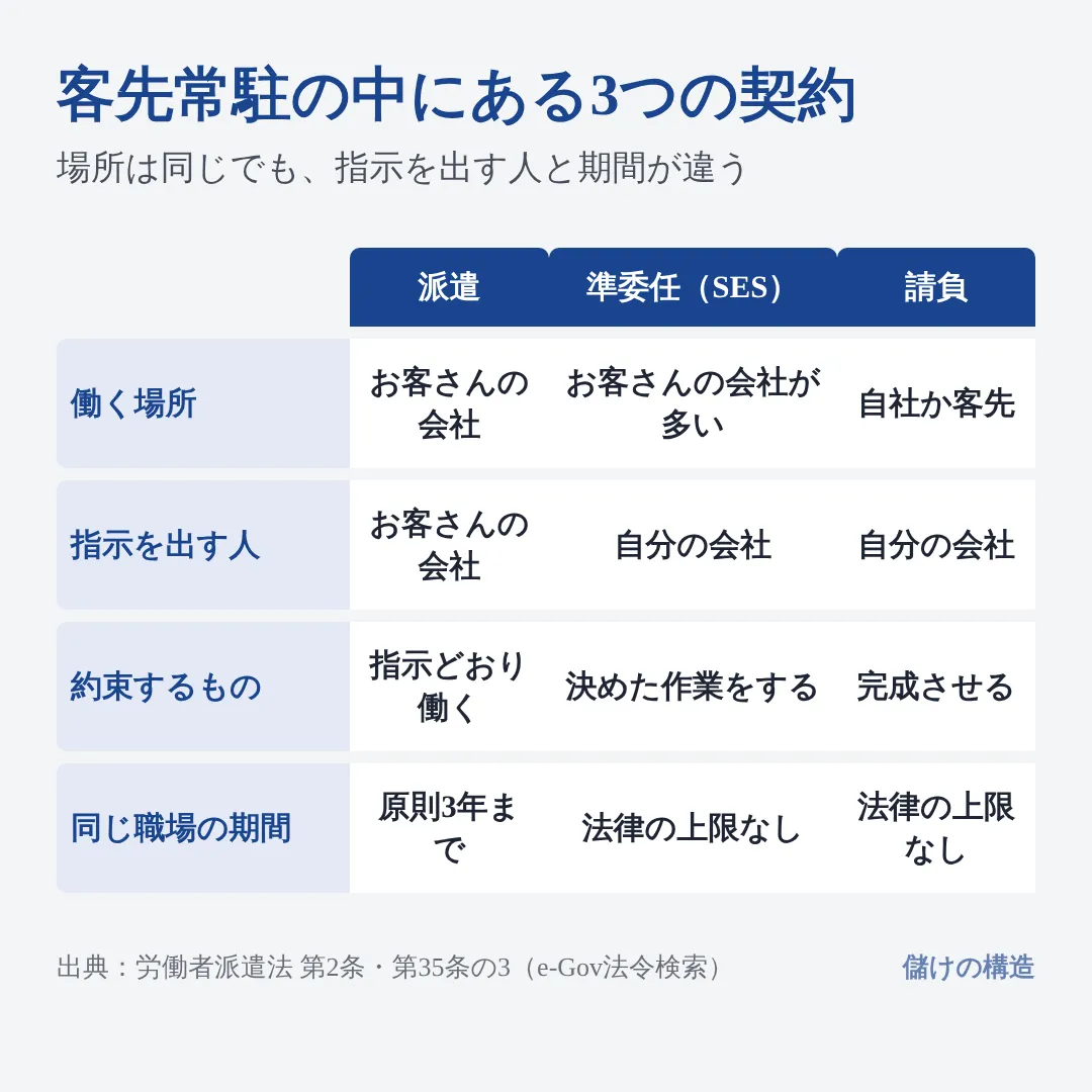 客先常駐は場所の呼び名で、その中に派遣・準委任(SES)・請負の3つの契約がある。指示を出すのは派遣だけがお客さんの会社